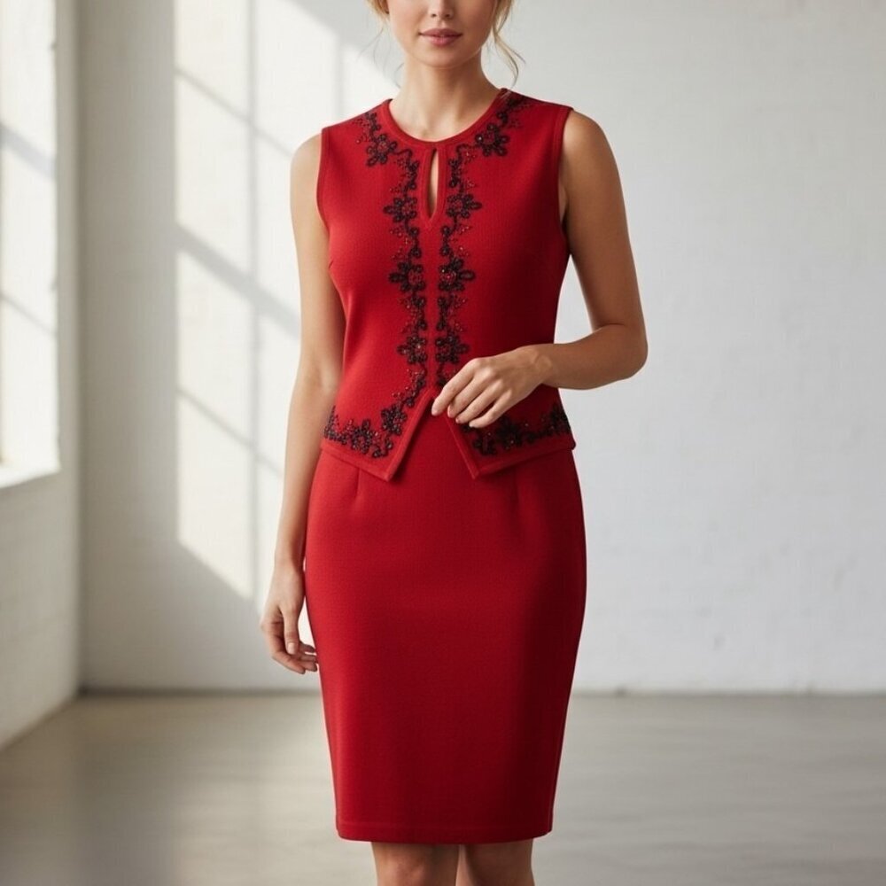 Vintage Outlander Red Beaded Knit Sheath Dress Hong Kong Size Medium